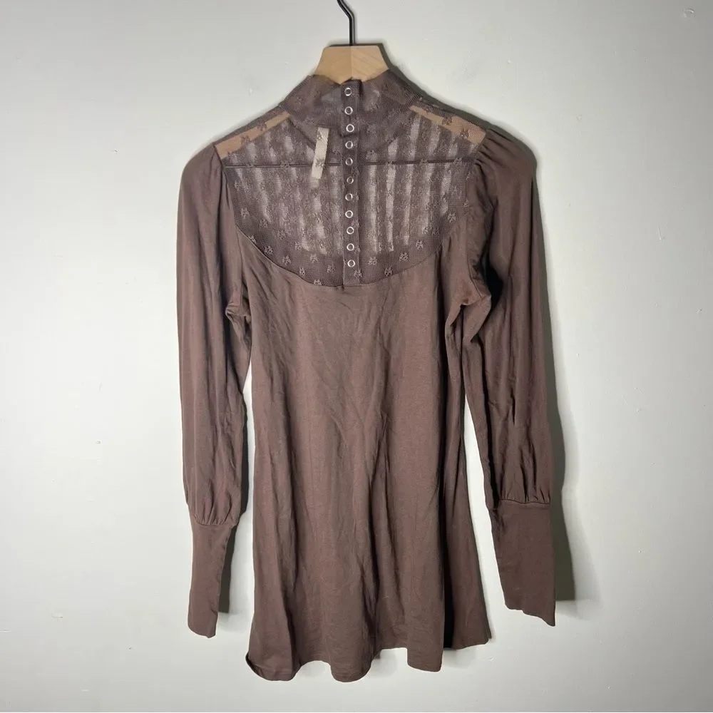 Free People Lightweight Cocoa Brown Lace Mock Turtleneck Mini Dress Medium Fairy